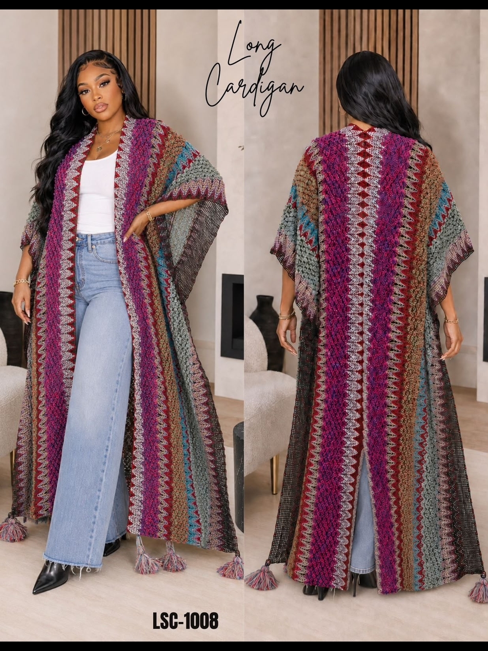 Long Multi-Color Open Front Cardigan - Women